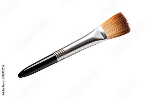 A narrow round-tip paintbrush placed vertically, casting a faint shadow on a plain white background