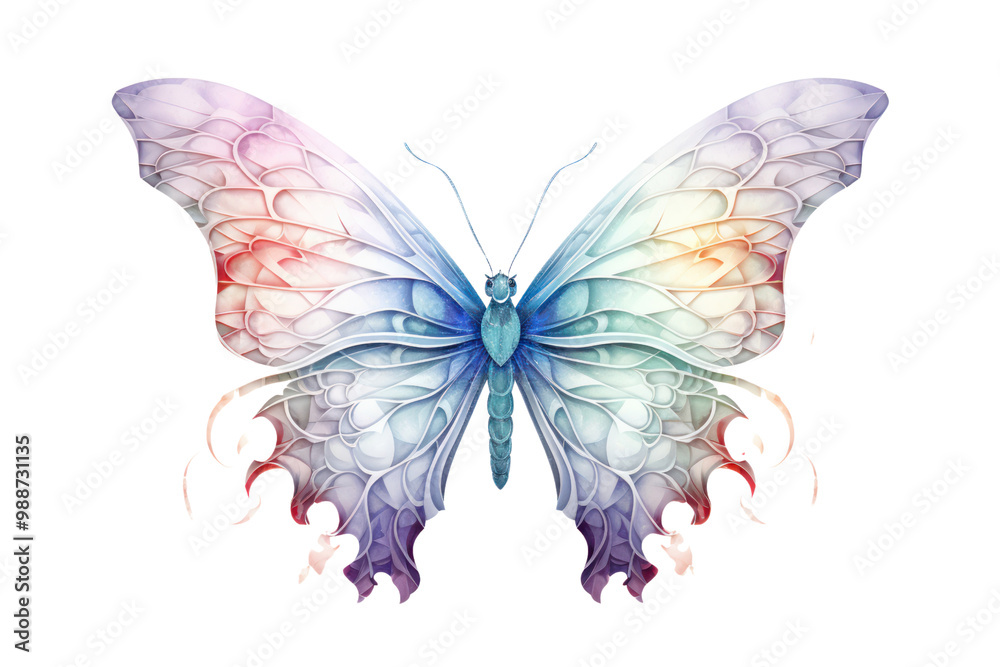 An artistic digital butterfly featuring a gradient of pastel colors and fine line details, set against a pristine white background An artistic digital butterfly featuring a gradient of pastel colors and fine line details, set against a pristine white background