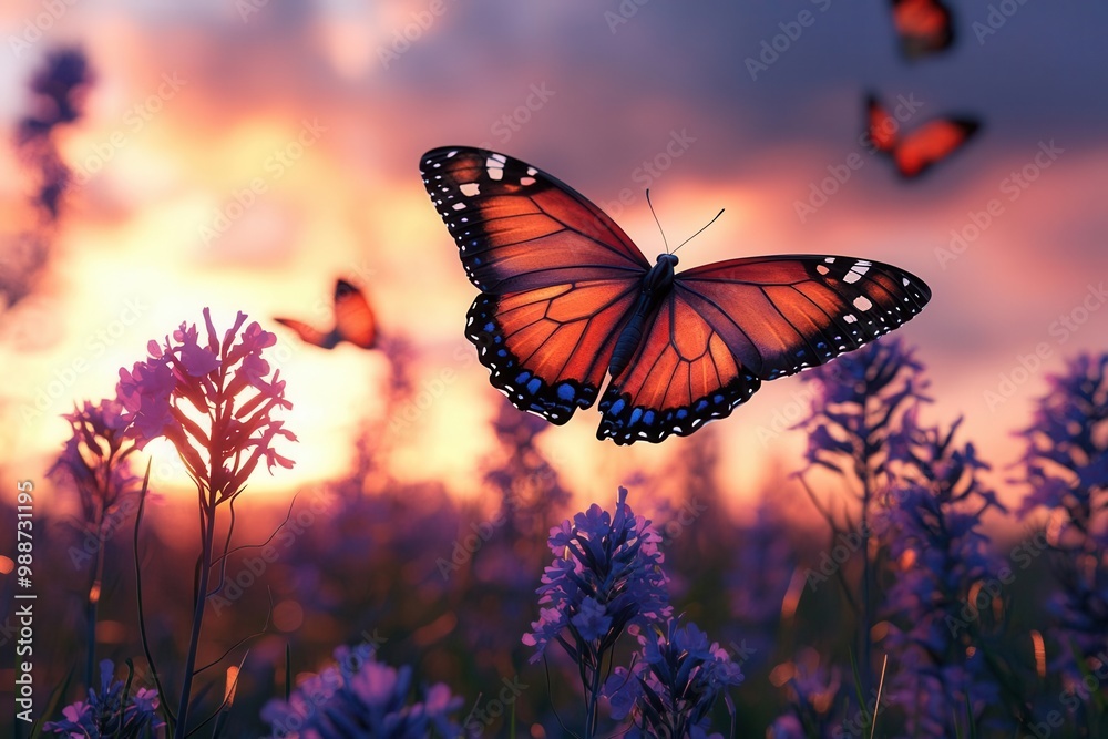 Calming rhythm in butterfly flight pattern. Flat design. Top view. Sunset meadow theme, 3D render, Complementary Color Scheme Calming rhythm in butterfly flight pattern. Flat design. Top view. Sunset meadow theme, 3D render, Complementary Color Scheme