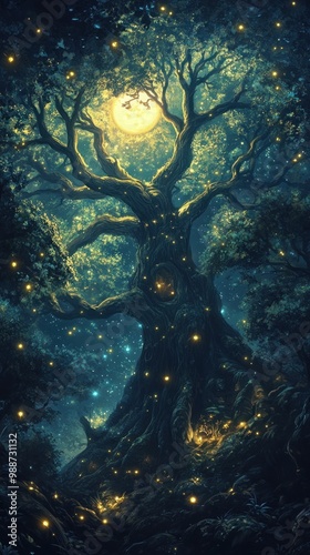 Enchanting Ancient Tree Bathed in Moonlight with Glowing Lights photo