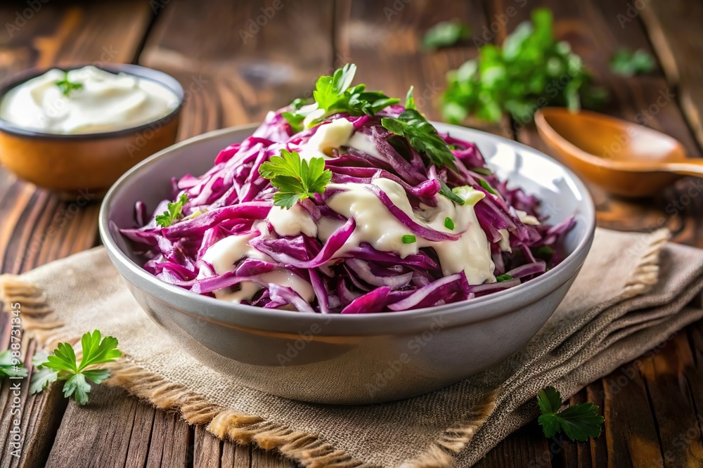 Red cabbage salad with mayonnaise and parsley in bowl Red cabbage salad with mayonnaise and parsley in bowl