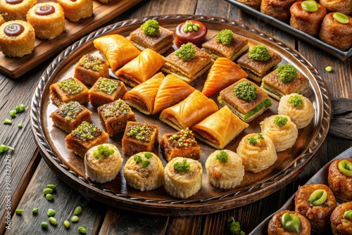 Aromatic delights adorn the tray: crunchy baklava, cheese-filled knafeh, intricately designed maamoul, and crispy warbat, a symphony of flavors in every bite. photo