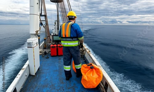 As the sun rises, a fisherman dons safety gear, readying his equipment while surveying the tranquil sea, highlighting a typical day at sea