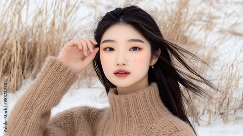 Beautiful Young Woman in Winter with Long Hair and Brown Sweater