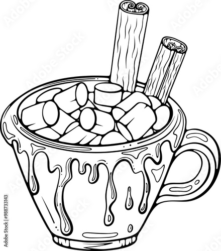 Hot chocolate with marshmallow and cinnamon. Sweet drink a cup of cocoa or coffee. Vector illustration in hand drawn sketch doodle style. Line art isolated on white for coloring book, print