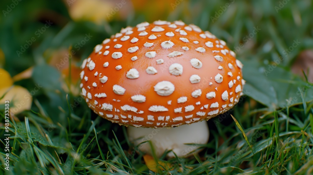 Red and White Mushroom in Grass with Blurred Background Red and White Mushroom in Grass with Blurred Background