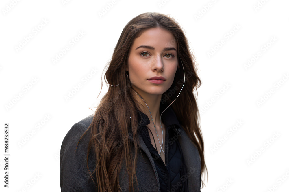 Casual portrait of a young woman with long straight hair, wearing wireless earbuds, Isolated on white background Casual portrait of a young woman with long straight hair, wearing wireless earbuds, Isolated on white background