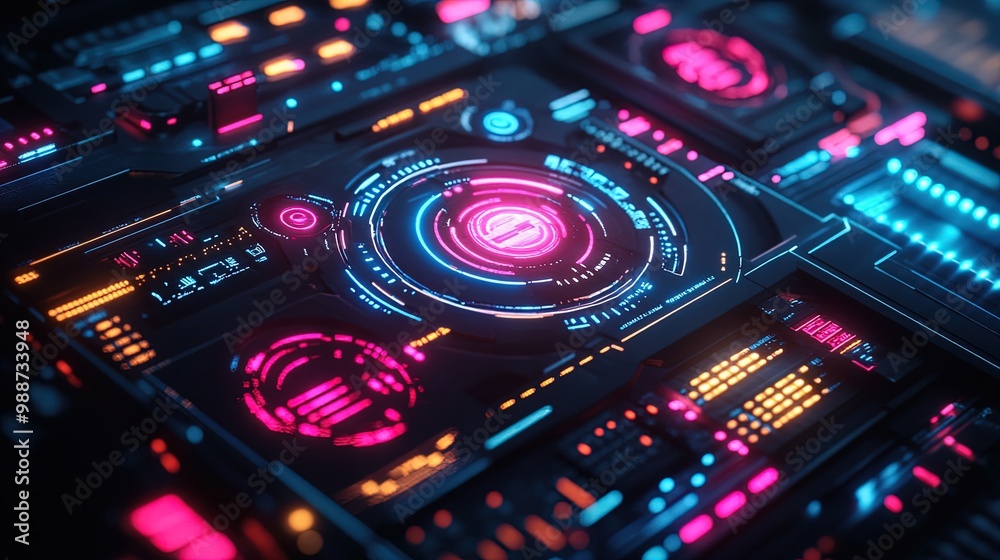 Futuristic Neon Navigation Instrument Poster: A Sleek Interface with Glowing Directional Markers and Intricate Circuitry for High-Tech Sports Interiors Futuristic Neon Navigation Instrument Poster: A Sleek Interface with Glowing Directional Markers and Intricate Circuitry for High-Tech Sports Interiors
