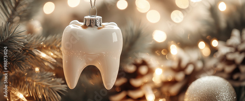 Elegant 3D tooth ornament hanging on a Christmas tree with sparkling lights. Holiday dental decor for festive season, perfect for dental clinics Christmas promotions and campaigns