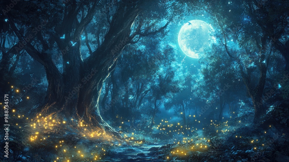 Obraz premium Enchanted Forest with Fireflies and Full Moon