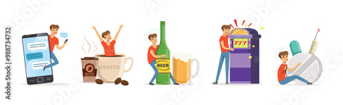 Bad Habits with Man Character Have Some Addictions Problem Vector Set