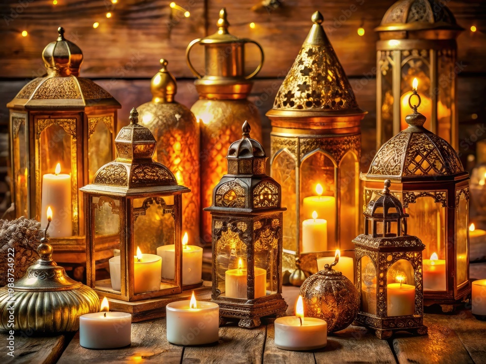 A sophisticated setting of antique lanterns and candles is elevated by ornate gold accents, exuding warmth and sophistication in equal measure. A sophisticated setting of antique lanterns and candles is elevated by ornate gold accents, exuding warmth and sophistication in equal measure.
