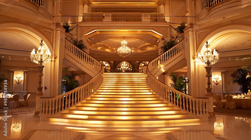 Obraz premium A big softly lit gala area with lavish decor and a grand stairs full of tiers of beautifully set sofas