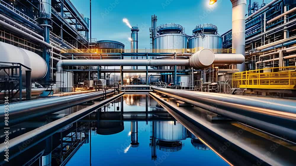 Modern industrial refinery with complex pipelines and machinery, representing energy production, infrastructure, and advanced engineering.
Modern industrial refinery with complex pipelines and machinery, representing energy production, infrastructure, and advanced engineering.