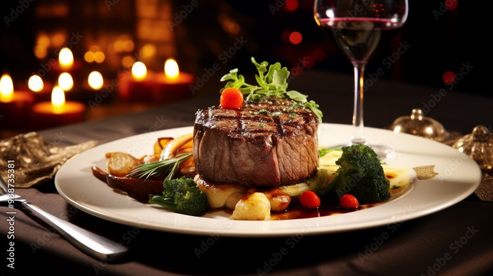 Close-up of a perfectly grilled steak garnished with herbs, served with roasted vegetables, creating a gourmet, mouth-watering presentation Close-up of a perfectly grilled steak garnished with herbs, served with roasted vegetables, creating a gourmet, mouth-watering presentation