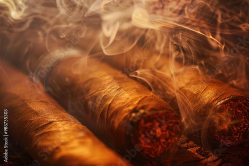 Cigar Smoke Background. Close-up View of Cuban Cigar with Atmospheric Smoke and Details in Havana Lifestyle Setting