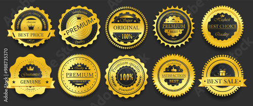 Golden premium quality badges. Luxury emblems in retro style. Quality, guaranteed, genuine badges vintage decoration.
