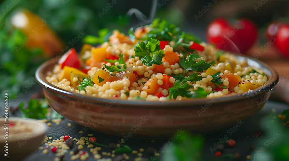 Close-up of a Delicious Couscous Salad with Fresh Vegetables Close-up of a Delicious Couscous Salad with Fresh Vegetables