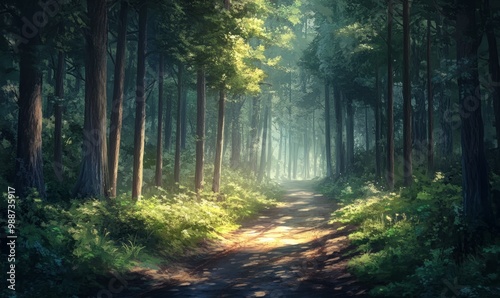 A sunlit path through a misty forest.