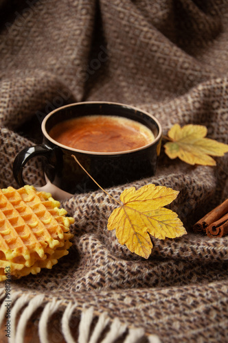 Cozy autumn coffee with leaves and a blanket