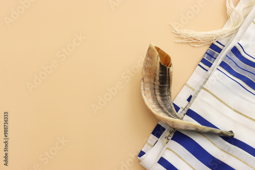 Photography religion image of shofar (horn) on white prayer talit