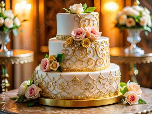A sumptuous wedding cake, lavishly adorned with intricate piping, delicate flowers, and shimmering gold accents, exudes elegance and refinement.