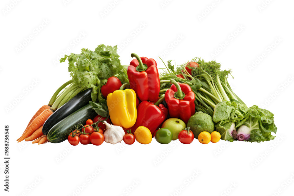 Freshly harvested vegetables including carrots, bell peppers, cucumbers, and tomatoes arranged neatly on a clean white background Freshly harvested vegetables including carrots, bell peppers, cucumbers, and tomatoes arranged neatly on a clean white background
