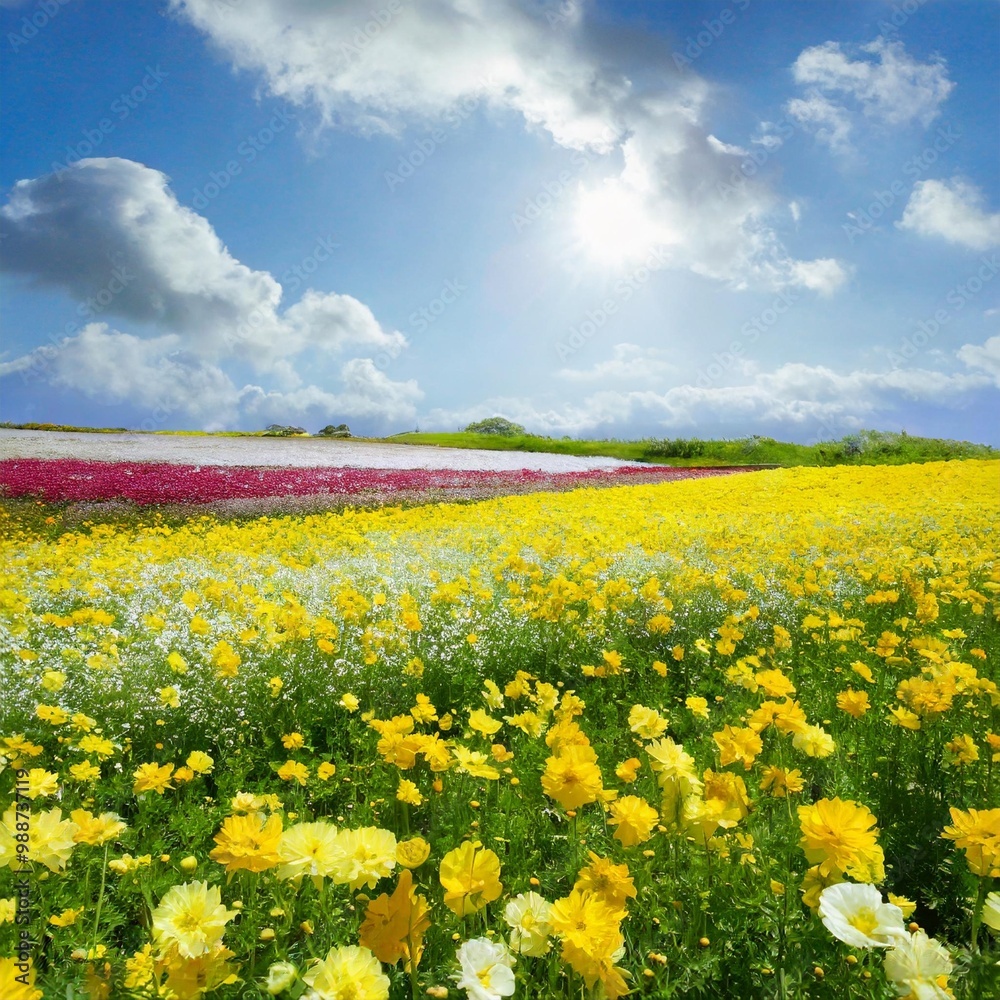Fototapeta premium Expansive Flower Fields Under a Bright Spring Sky, Bursting with Color