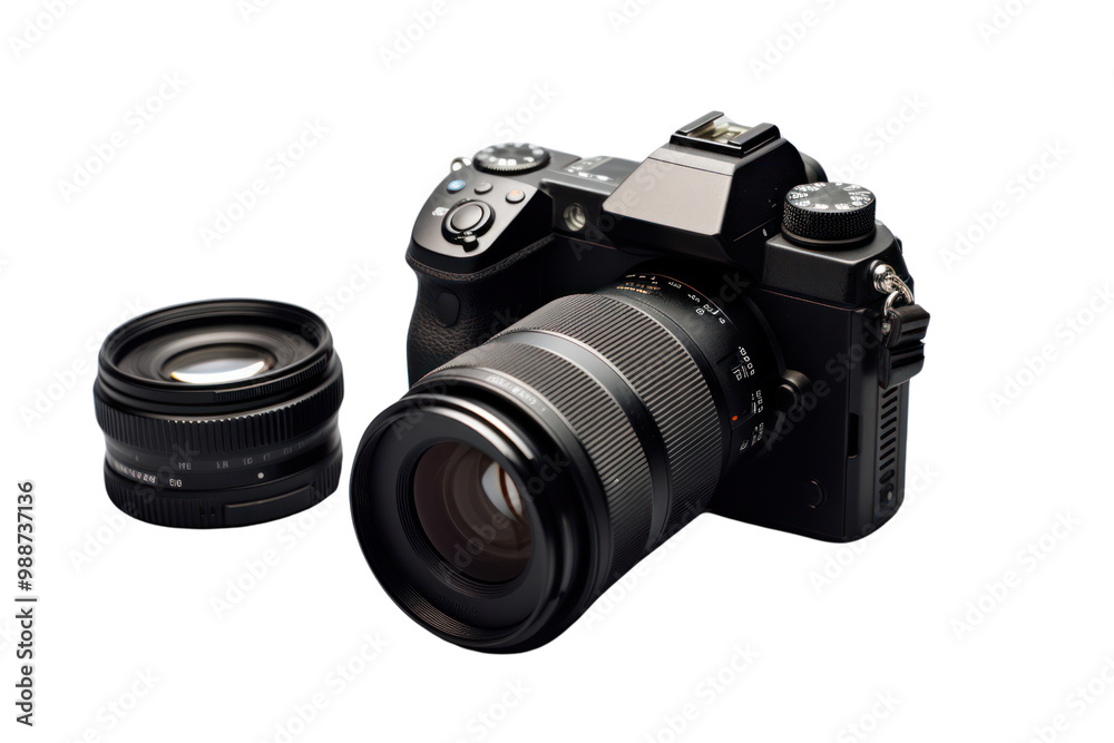 Fototapeta premium Isolated digital camera with a large lens, sitting on a white surface, accompanied by a memory card Isolated on white background