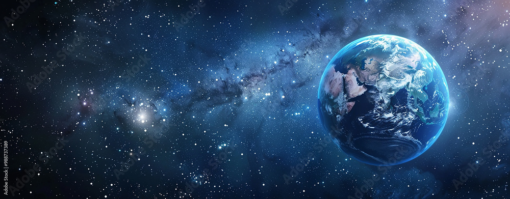 Fototapeta premium Panoramic view of Earth, stars and galaxy. Planet Earth, view from space. Space fantasy.