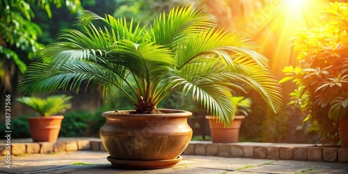 A tropical palm tree stands tall in a decorative clay pot, its vibrant green leaves swaying gently in the warm sunlight. photo