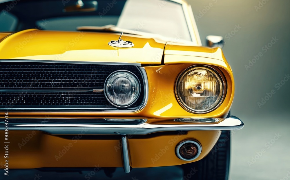Close-up of a yellow retro car with headlights, front view. Close-up of a yellow retro car with headlights, front view.