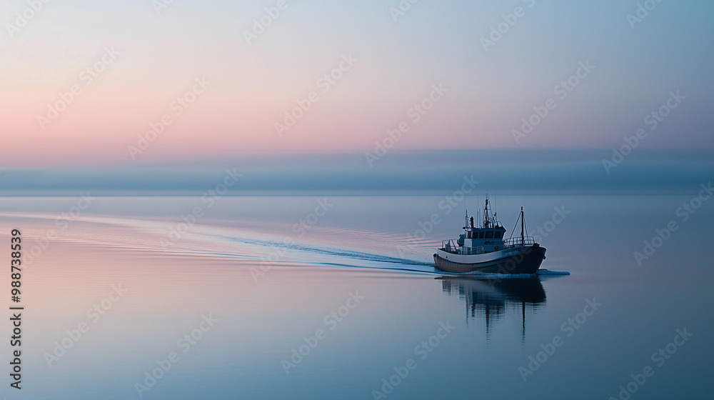 Naklejka premium A fishing trawler moves across calm sea waters at dawn, leaving a gentle trail behind