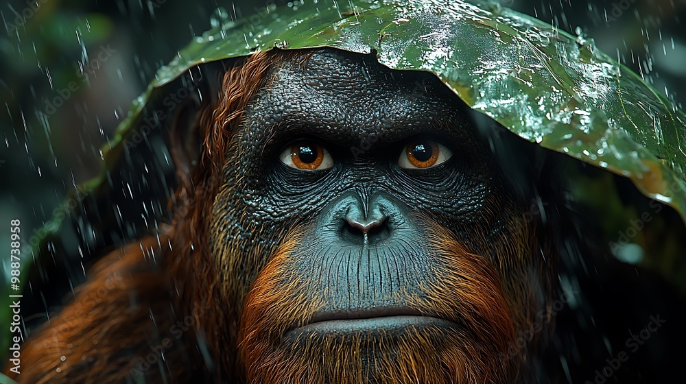 Obraz premium A close-up portrait of an orangutan in the rain, with a large leaf overhead, looking directly at the camera.