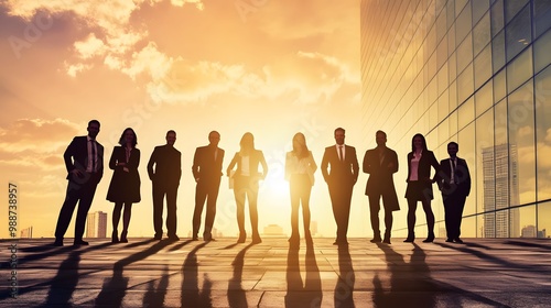 Silhouettes of a diverse group of business professionals stand together in front of an office building at sunset.