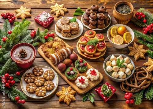 A wooden table showcases an enticing arrangement of festive treats, combining sweet and savory delights for a joyous holiday celebration.