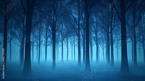 A dark, mysterious forest shrouded in fog, with tall trees.