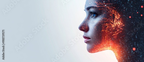 Double exposure depicting a woman with star systems, galaxies and the universe in her head on a white background