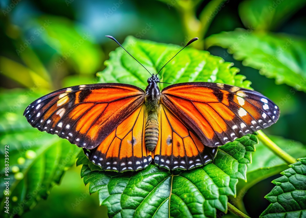 In a lush green setting, a vibrant Pakistani butterfly rests on a leaf, perfectly embodying the stunning beauty In a lush green setting, a vibrant Pakistani butterfly rests on a leaf, perfectly embodying the stunning beauty