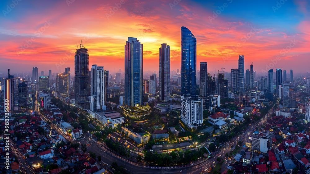 Fototapeta premium Stunning Sunset Panorama of Jakarta Cityscape with Skyscrapers