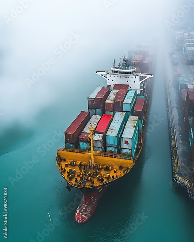 Aerial View of Cargo Ship in Foggy Harbor Photo photo