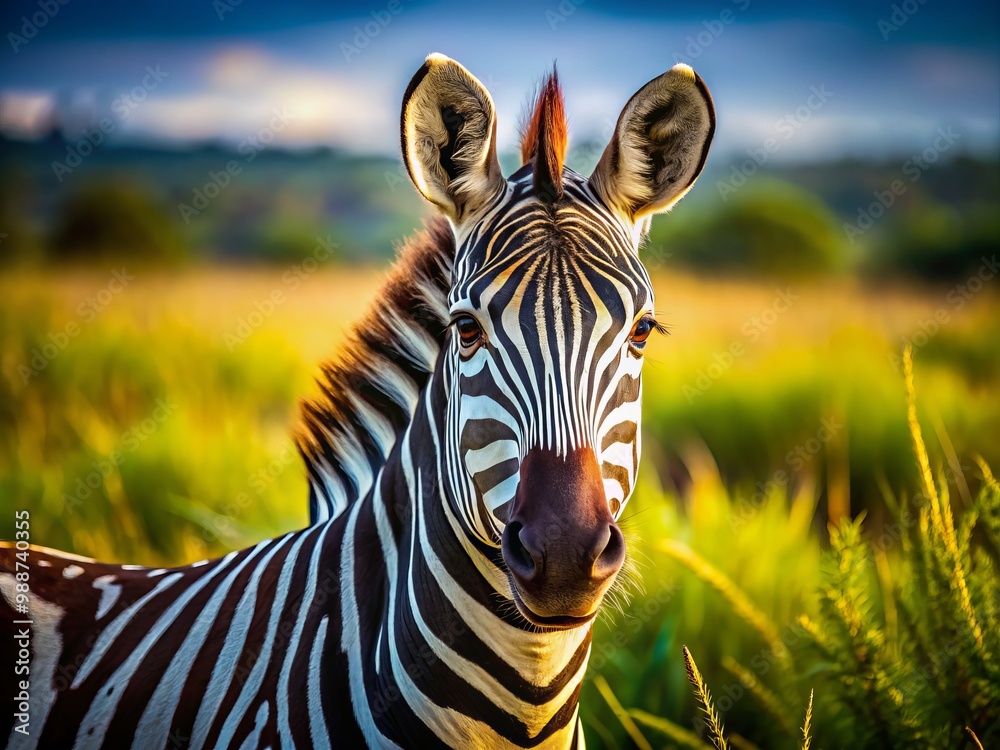 Fototapeta premium In a stunning close-up, a regal zebra is framed against the vibrant African savanna, highlighting its unique stripes