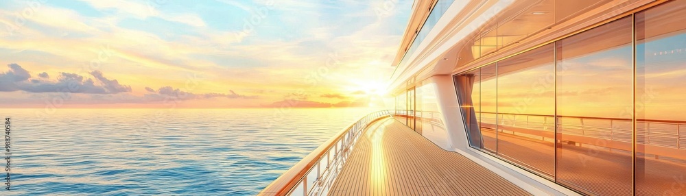 Fototapeta premium Luxury yacht deck overlooking serene ocean at sunset, vibrant skies reflecting on calm waters.