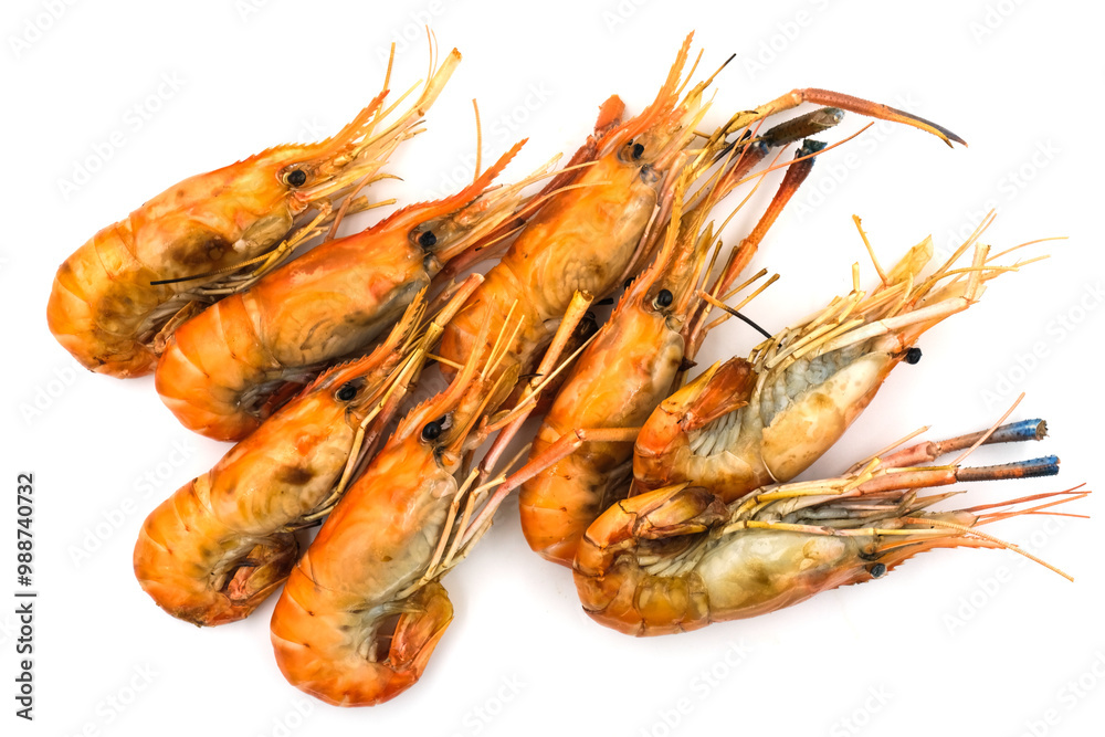 Grilled shrimp on a white background. Seafood. Natural symptoms Grilled shrimp on a white background. Seafood. Natural symptoms