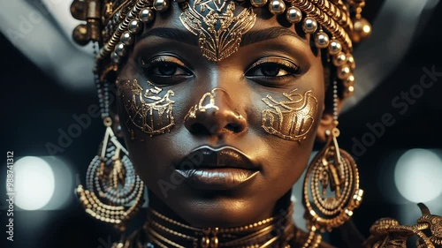 Mesmerizing portrait of African woman with golden face paint and ornate headdress, large earrings. Tribal-inspired makeup and jewelry showcasing cultural artistry.