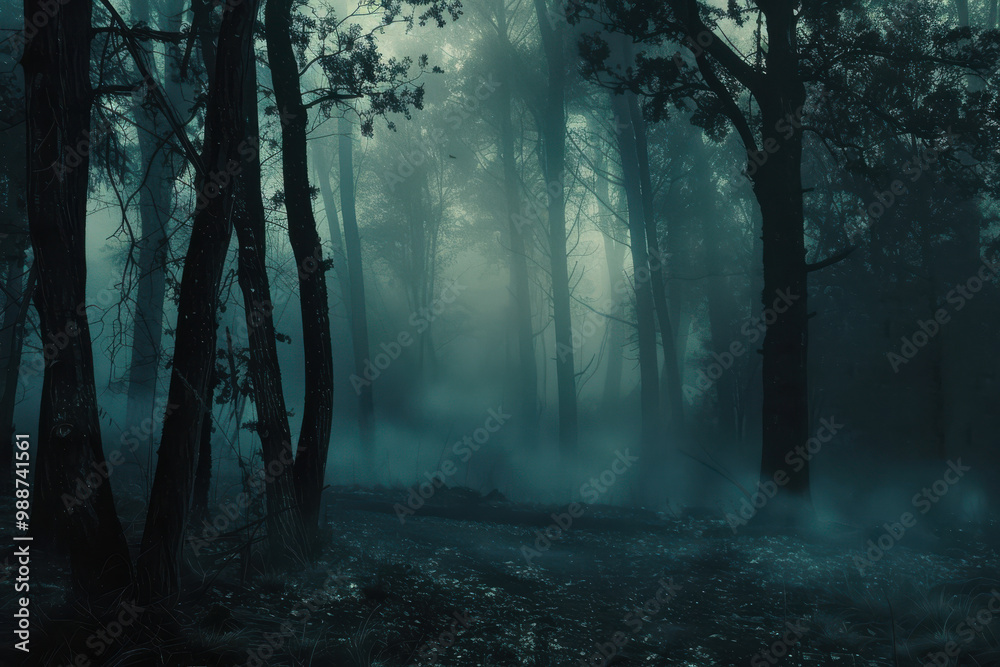 horizontal image of a scary haunted forest with tree silhouettes covered by fog horizontal image of a scary haunted forest with tree silhouettes covered by fog