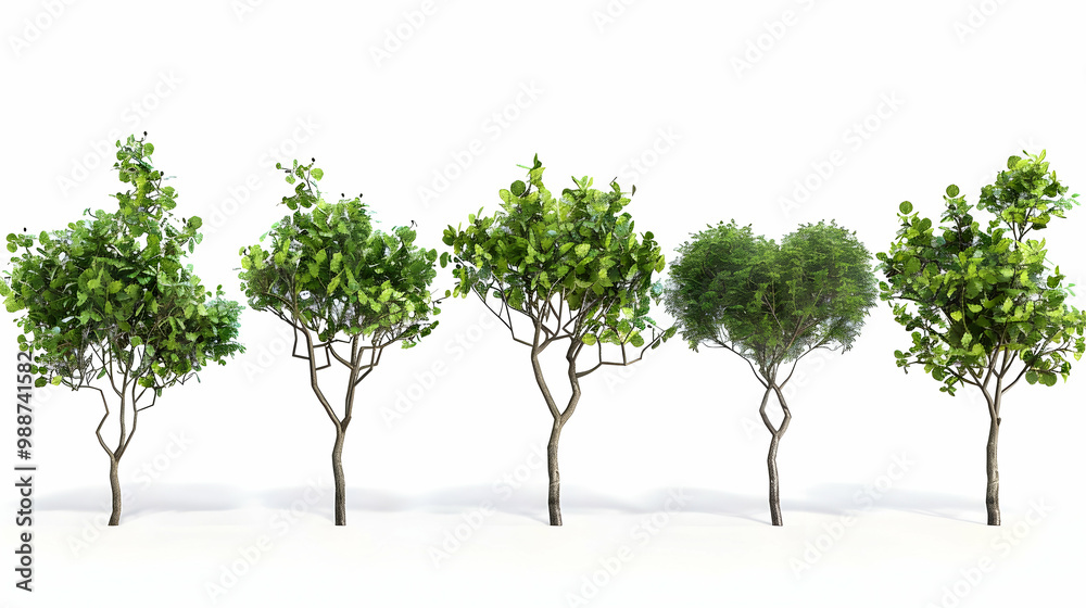 Obraz premium Five Lush Green Trees Isolated on White Background