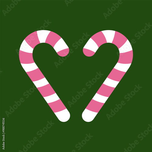 Pink Candy Cane Heart on Green Background. Festive illustration of two pink and white candy canes forming a heart shape on a dark green background, symbolizing love and joy during a holiday season