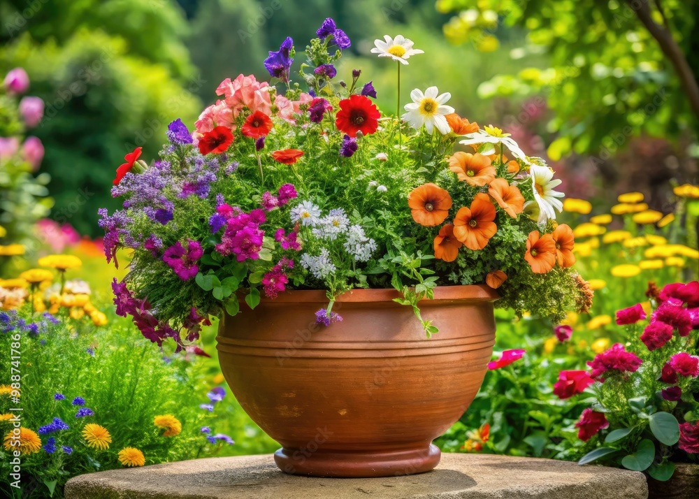 Colorful blooming flowers fill a clay pot amidst natural greenery in a garden setting.