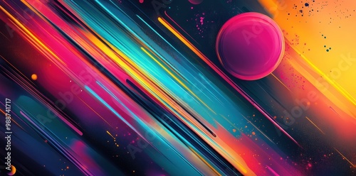 Abstract Cosmic Artwork with Diagonal Stripes and Spheres photo